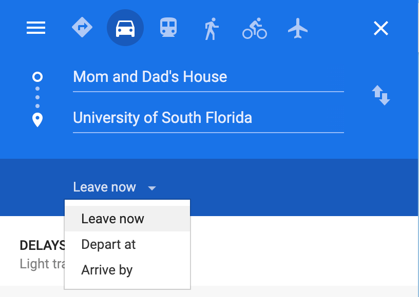 Google Maps Route to USF Campus Screenshot of Google Maps Route to USF Campus